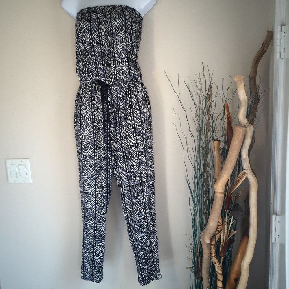 Ambiance jumpsuit strapless gray black cream print tribal SM - Picture 4 of 10